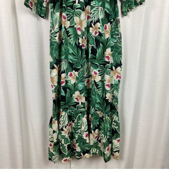 Hilo Hattie Vintage Green Tropical Print Ruffle Maxi Dress Sz.M - Picture 3 of 11